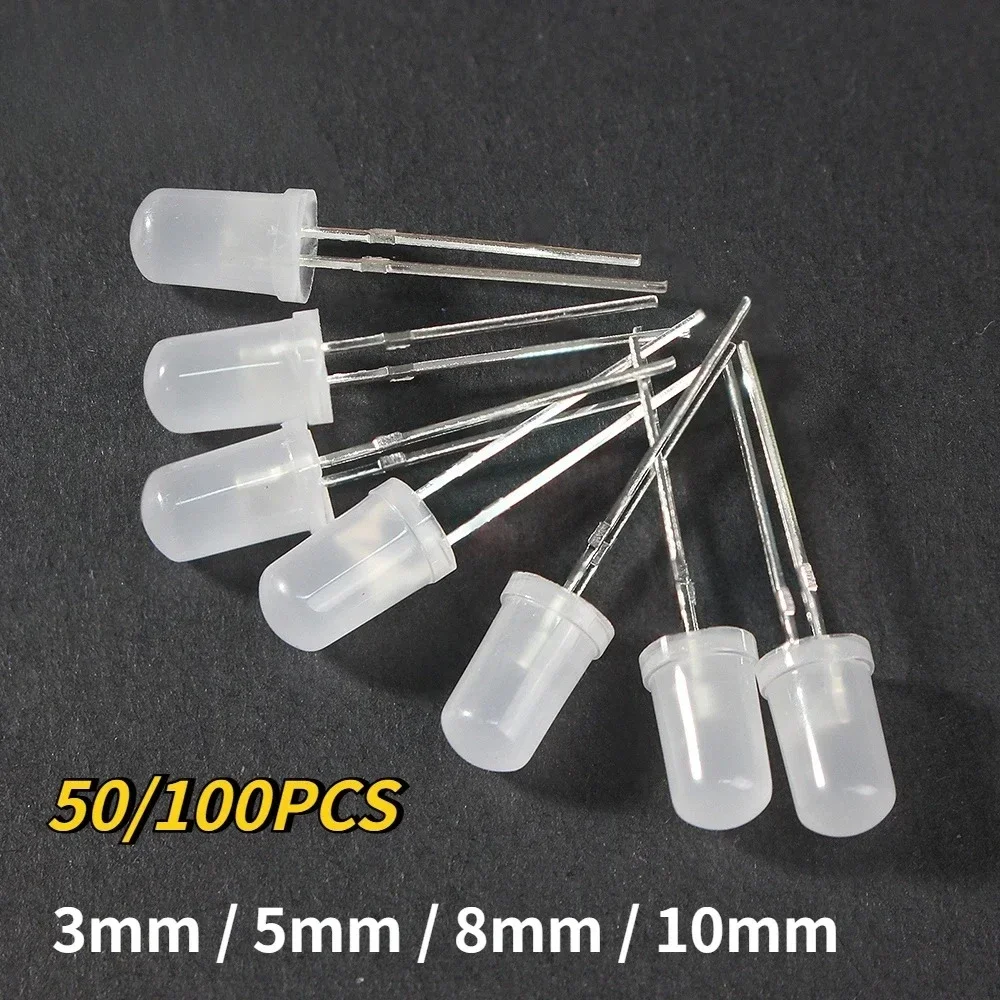50/100PCS 3mm 5mm 8mm 10mm LED Diodes Assorted Kit Red Yellow Blue Green White Diffused Fog Light LED Set for DIY Electronics