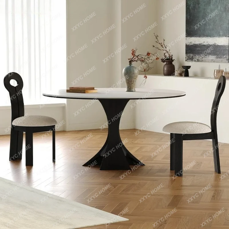 

Ретро-стол круглый из массива дерева со сланцевой столешницей, маленький обеденный стол в кремовом стиле для дома, минималистичный стол для переговоров и стулья