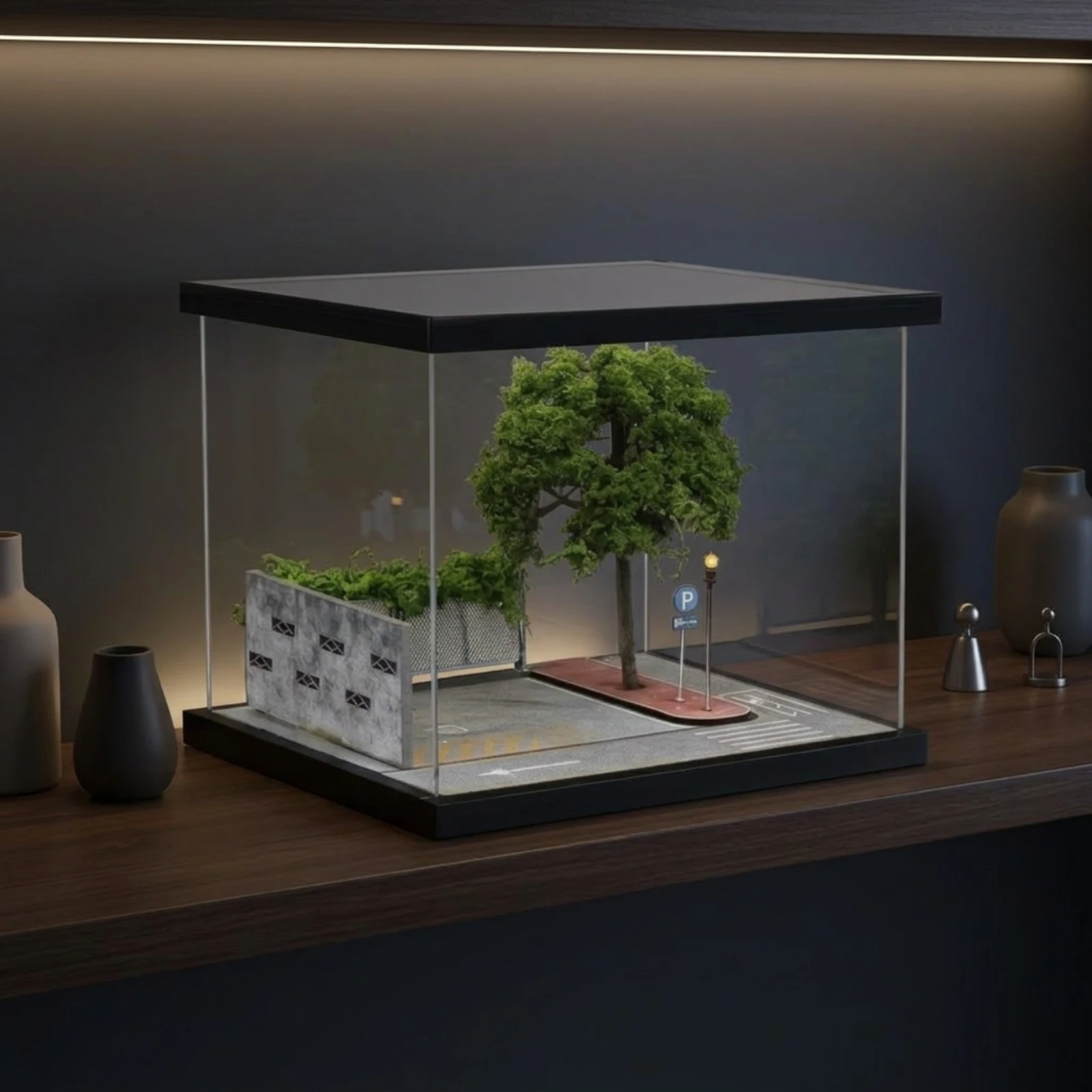 Street Diorama with Light Realistic Miniature Roadway Setting with Cover Display Case with LED Lights Transparent