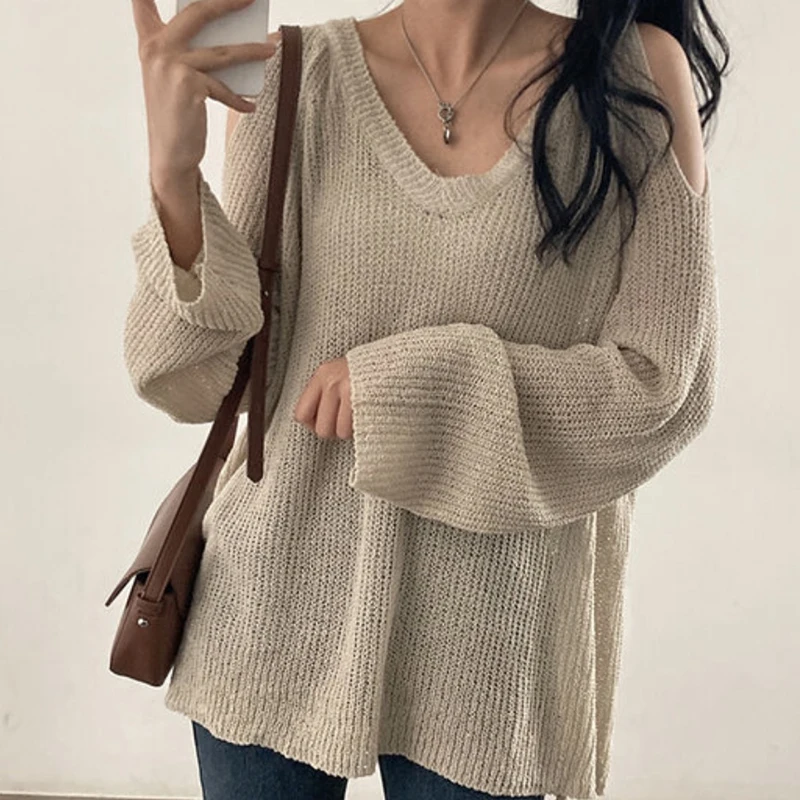 HELIAR Women Hollow Out Off Shoulder Sweater V-Neck Long Sleeve Loose Thin Jumpers Knit Streetwear Top Women 2024 Autumn Winter