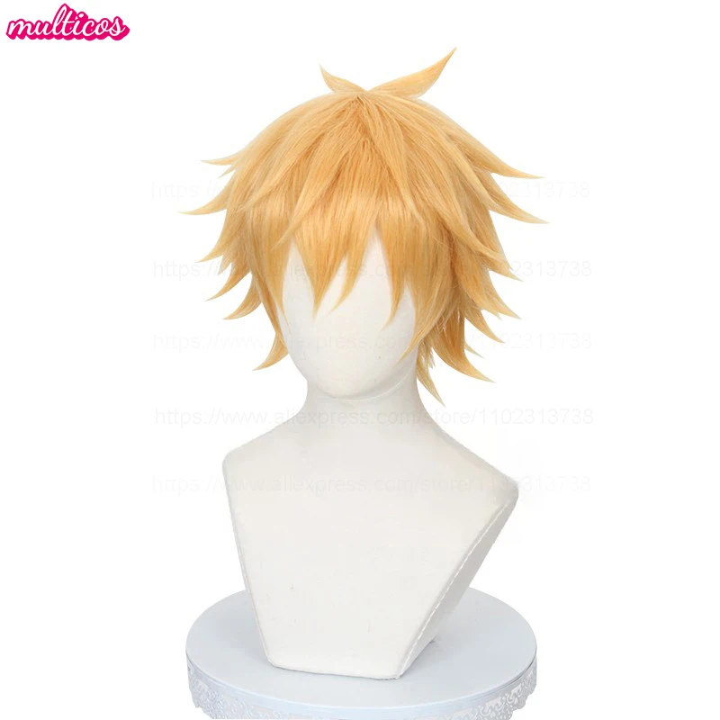 عالية الجودة Denji شعر مستعار تأثيري قصيرة الطبقات الذهبي مقاومة للحرارة الشعر الاصطناعية هالوين كرنفال أنيمي الباروكات + غطاء شعر مستعار #4