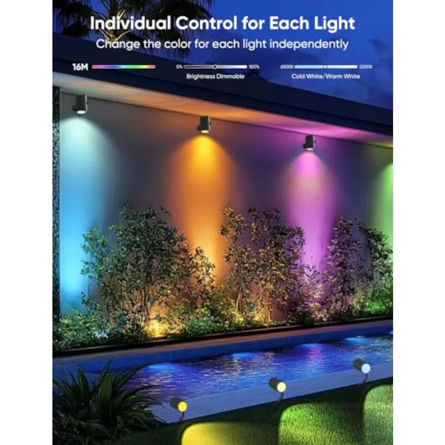 Outdoor Spot Light 600lm, Smart Landscape Lighting Kit, RGBCW Color Changing Low Voltage Landscape Lights, IP65 Waterproof, App