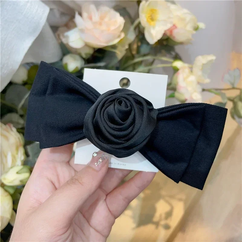 Elegant Ribbon Rose Flower Hair Pins for Women Balck Bow Hair Clips Headwear Korean Fashion Headpiece Ladies Hair Accessory