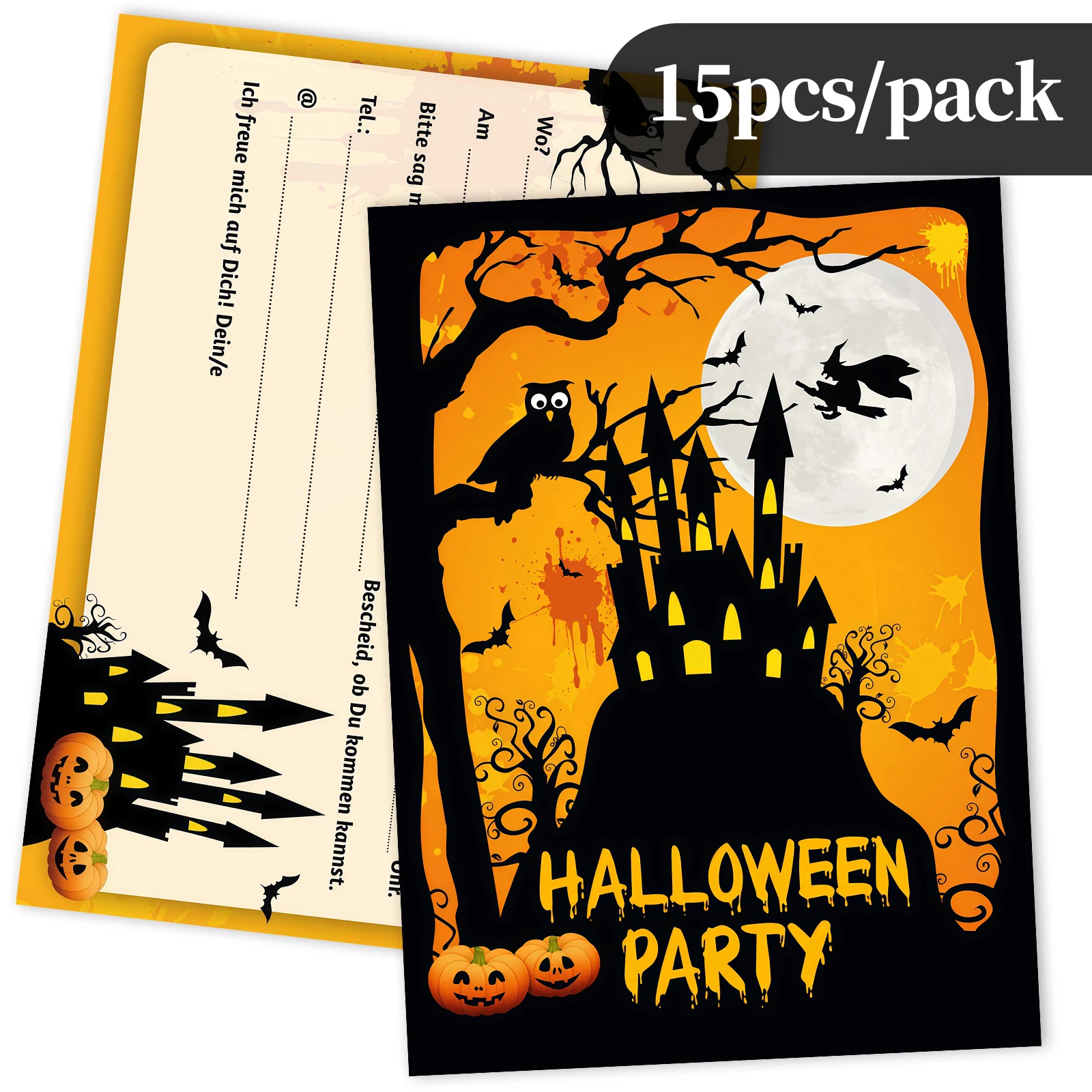15 Stück Halloween-Einladungskarten – Ghost City und Hexen-Design (15 x 10,8 cm) – perfekt für Horrorpartys/Halloween-Partys/Geburtstage
