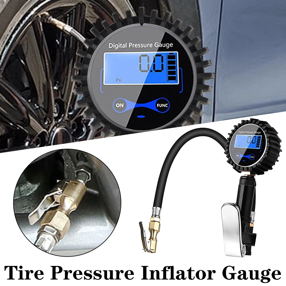 

Car Tire Pressure Gauge With Inflator Hose Adapter Automotive Inflation Tire Pressure Tester Manometer Digital 3~200PSI/14Bar
