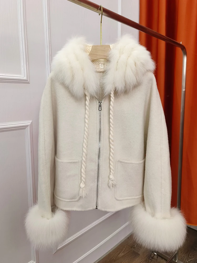 Autunno inverno vera pelliccia cappotto donna pelliccia di volpe naturale giacca con cappuccio corta lana Cashmere lana capispalla donna cappotto femminile