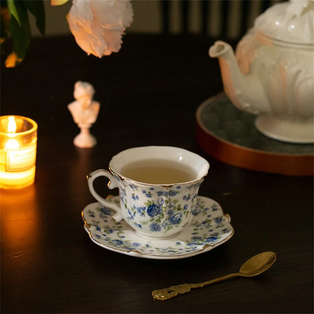 Vintage Rose Printed Coffee Cup Bone Porcelain Kitchen Supplies Afternoon Coffee Tea With Spoon Cup Plate Gift Set Gift Box