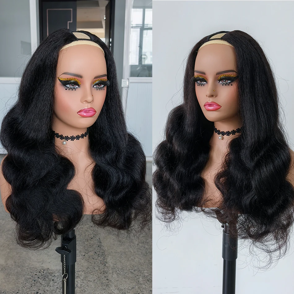 100% Human Hair Afro Kinky Wave V Part Half Wig Adjustable Drawstring 250% Density Yaki Body Wave Glueless Wear Go U Part Wigs