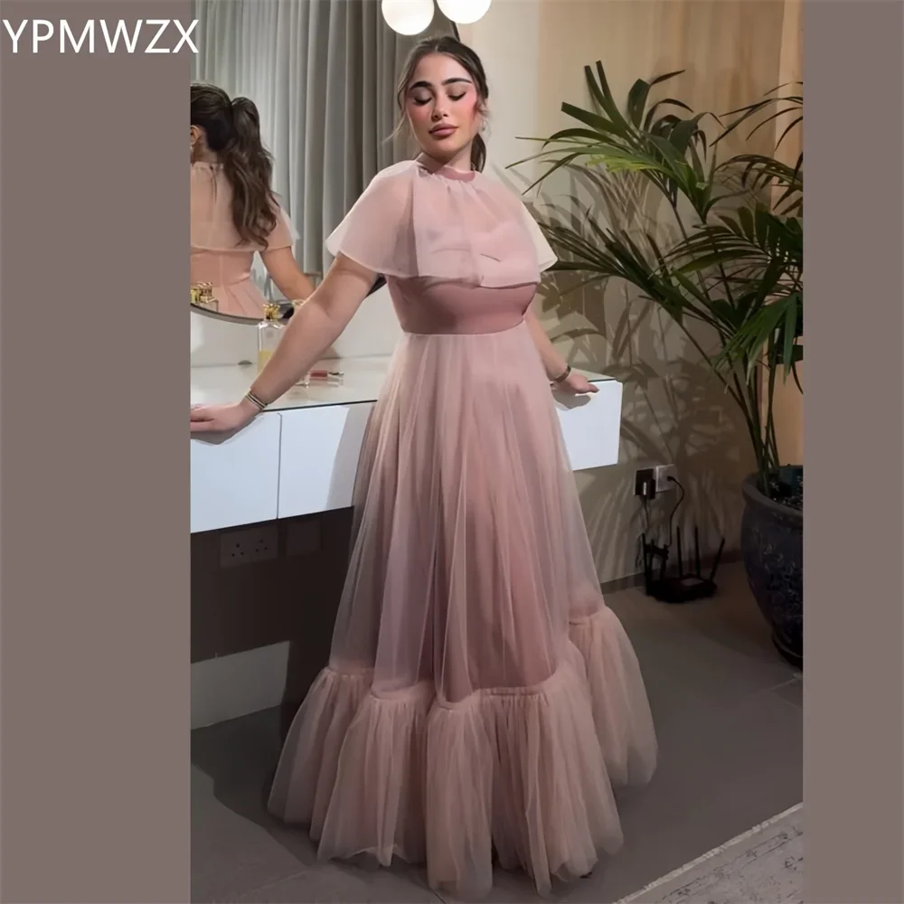 

Customized Prom Gown Evening Women YPMWZX High Collar A-line Floor Length Skirts Draped Tulle Bespoke Occasion Dresses Formal D