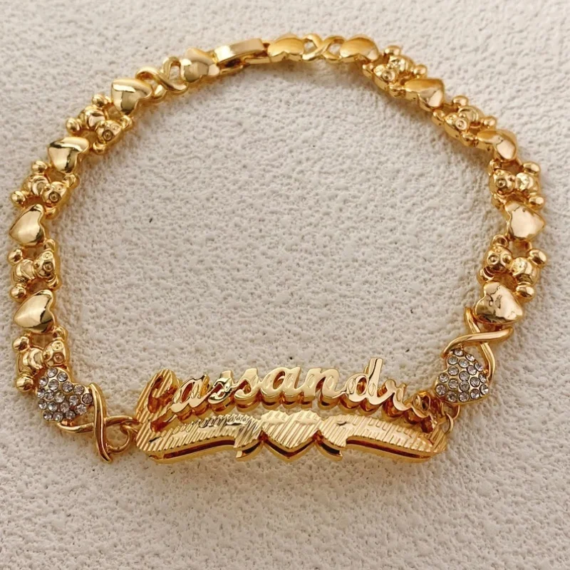 Double Layer Nameplate with Heart,Custom Name Bracelet,Double Plated Bracelet With Underline Heart Teddy Bear Chain,Girl's Gift