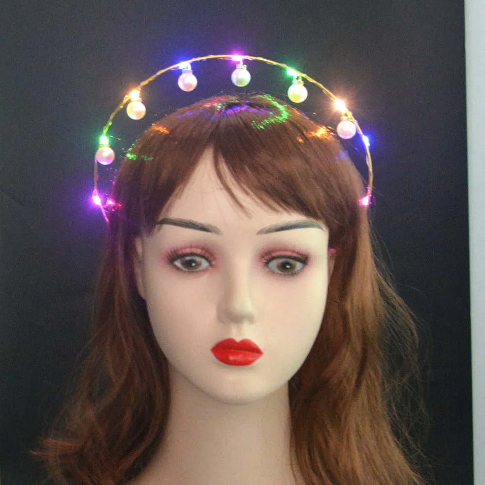 Women Girls Anime LED Light Glow Goddess Crown Angel Bridal Gold Halo Pearl Headband Hair Band Costumes  Wedding Festival