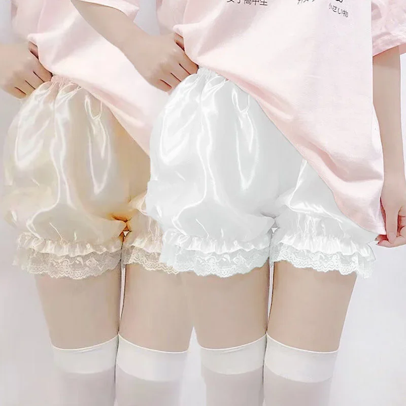 Women Safety Pants Japanese Lolita Lace Ruffles Stretchy Shorts Female Breathable Silk Satin Safety Pants Under Skirt Underwear