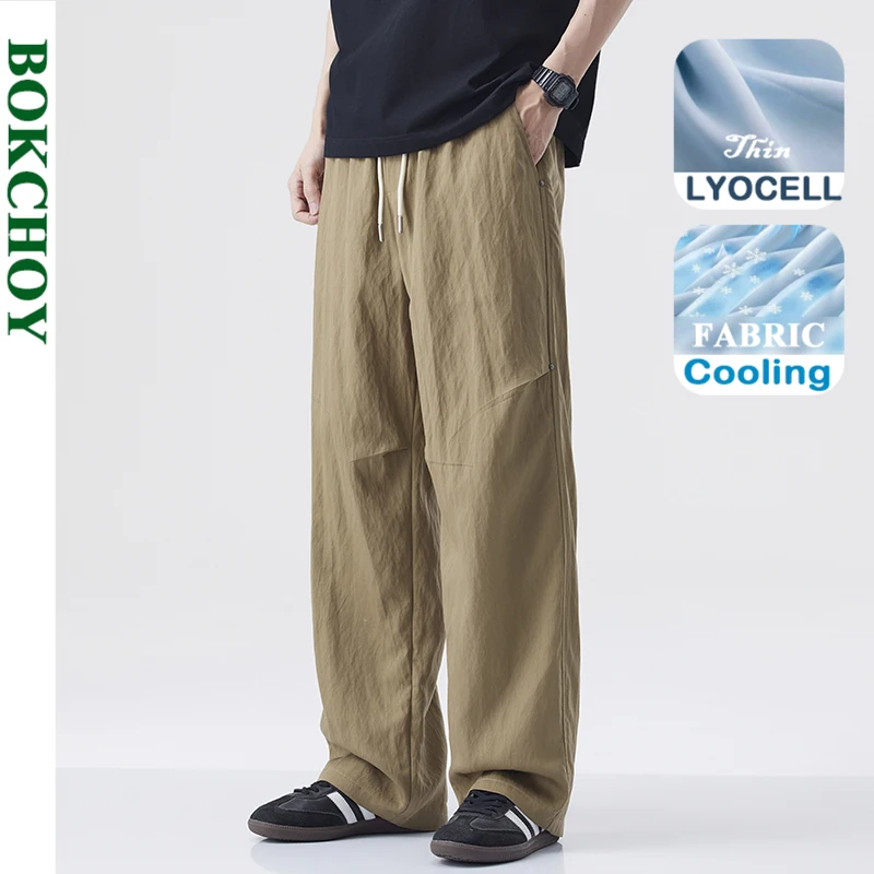 2025 Summer Autumn New Casual Loose Lyocell Tencel Thin Pants for Men Clothing Straight Drawstring Trousers LXB898