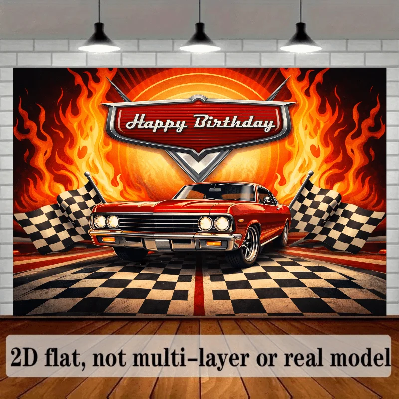 Racing Car Tapestry - Red Muscle Car with Fire & Checkered Flag, Happy Birthday Party Background, Polyester, Multiple Sizes