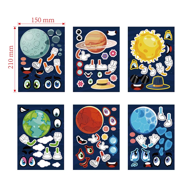 Juego de pegatinas DIY de planeta espacial para niños, rompecabezas de dibujos animados, manualidades, decoración de pegatinas faciales, 6 hojas