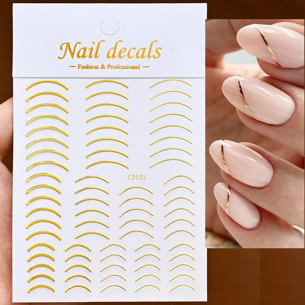 1Pcs Franse Lijn Streep 3D Nail Stickers 8*10 Goud Zilver Metalen Lijnen Transfer Stickers Multi-Ontwerp strip Wave Manicure Decals *