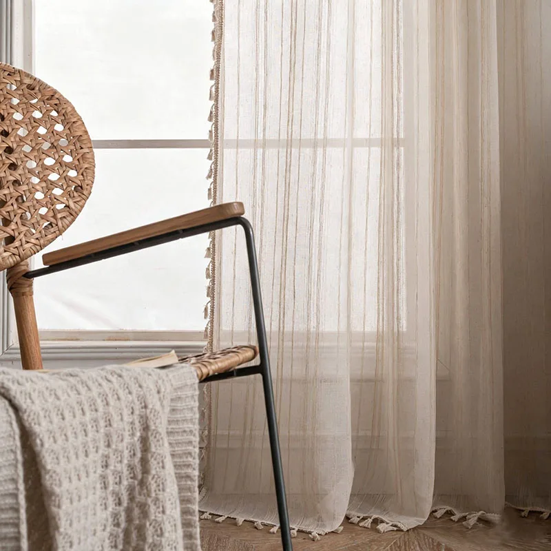 Striped Linen Textured Curtain,Vintage Farmhouse Cottage Boho,Vertical Stripe Semi-Sheer for Living Room Bedroom Dining Room
