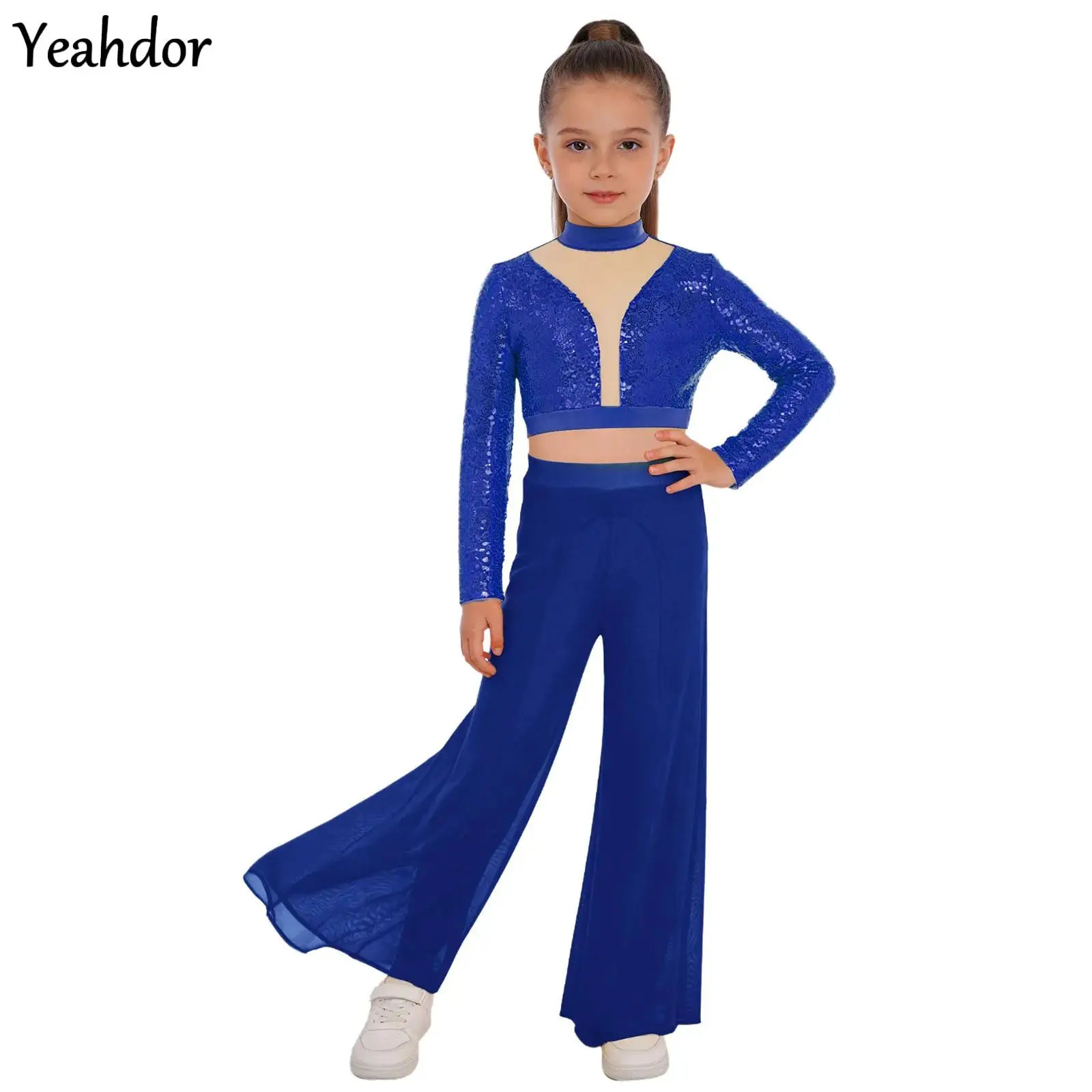 

Kid Girls Ballet Modern Lyrical Dance Costume Long Sleeve Sequins Crop Top with Mesh Wide-Leg Dance Pants Jazz Dance Performance