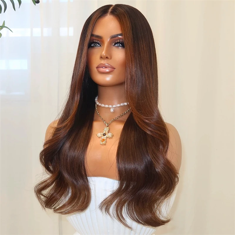 Ombre Dark Brown Synthetic HD Lace Front Wig for White Black Women High Quality Glueless Wig Preplucked Hairline Soft Long Wave