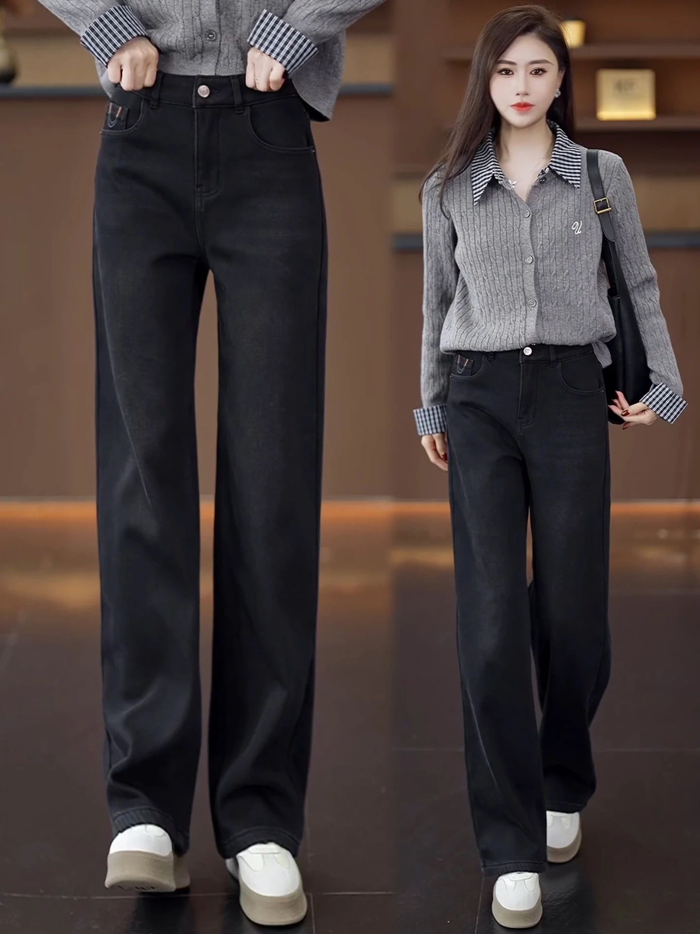 

Утепленные флисовые джинсы с высокой талией, прямые, широкие, повседневные, женские, осенне-зимние, новые, в ретро-стиле, удобные, дышащие