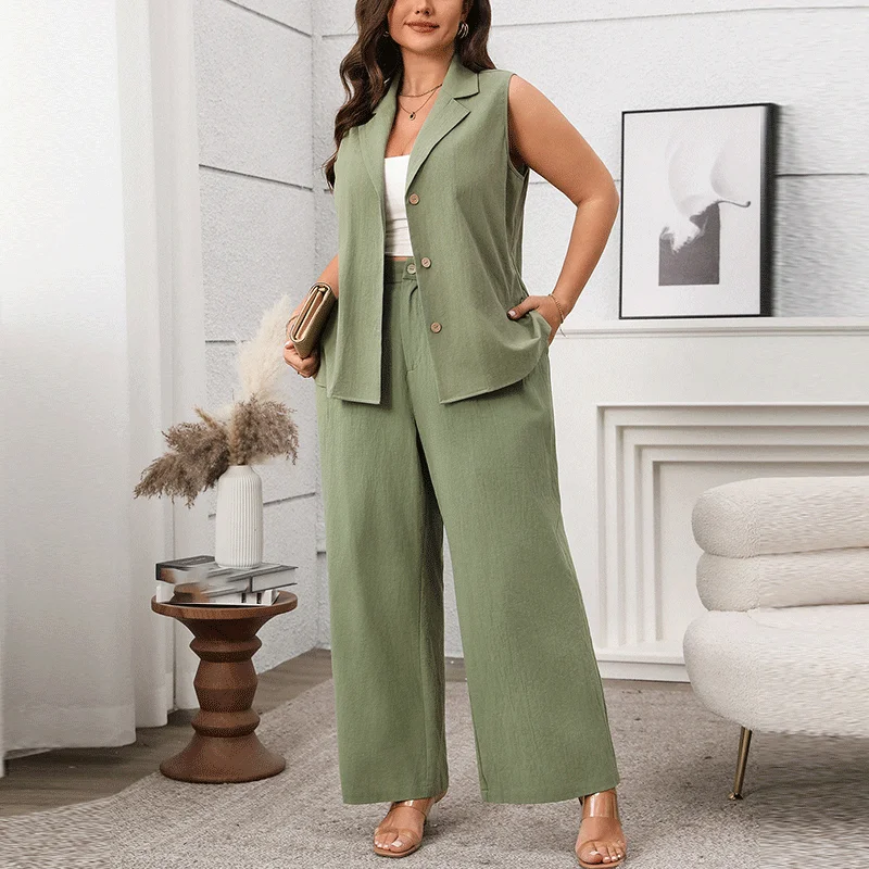 

Plus Size Green Sleeveless Shirts Suits Women Loose Fit Turn Down Collar Tops and Straight Leg Pants 2 Piece Set