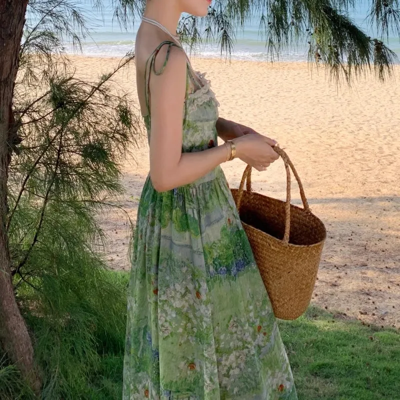 Urlaub Strand grüne Blume Chiffon Sommer Maxi kleid Boho Frauen sexy Spaghetti träger Spitze Rüschen drucken rücken frei schlank langes Kleid