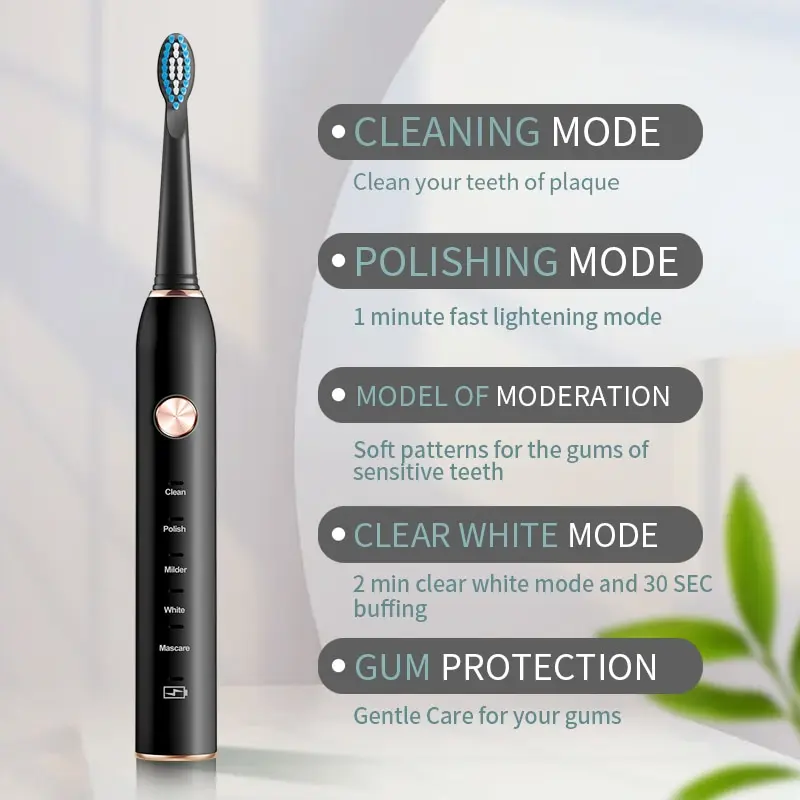 Jianpai Black and White Sonic Electric Toothbrush for Male and Female Lovers 5-mode USB Charging IPX7 Waterproof Sonic Electric