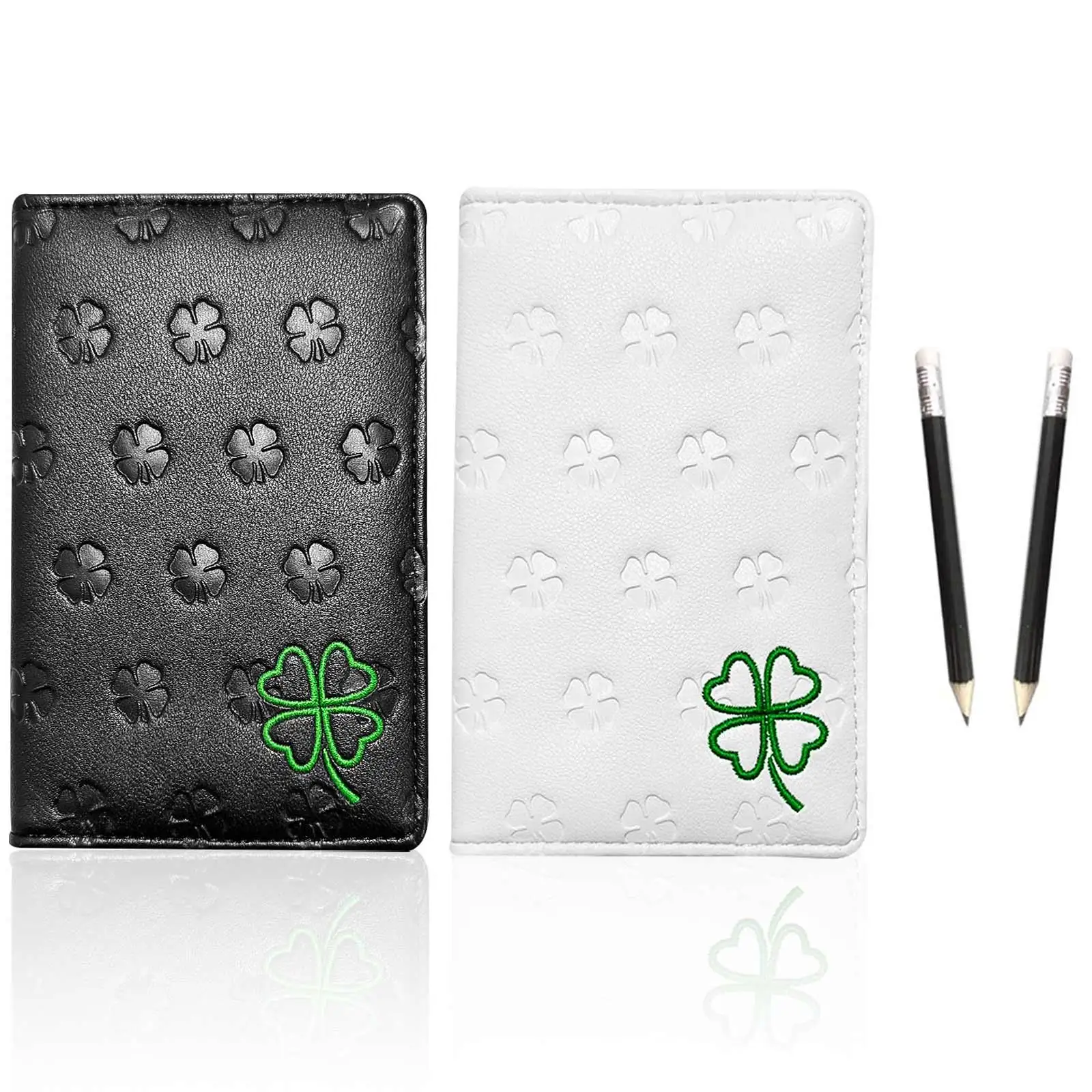 Golf Scorecard Holder Yardage Books Cover with 2 Pencils Clover Embroidery Pocket Recording Scorecard Organized Gift for Golfer