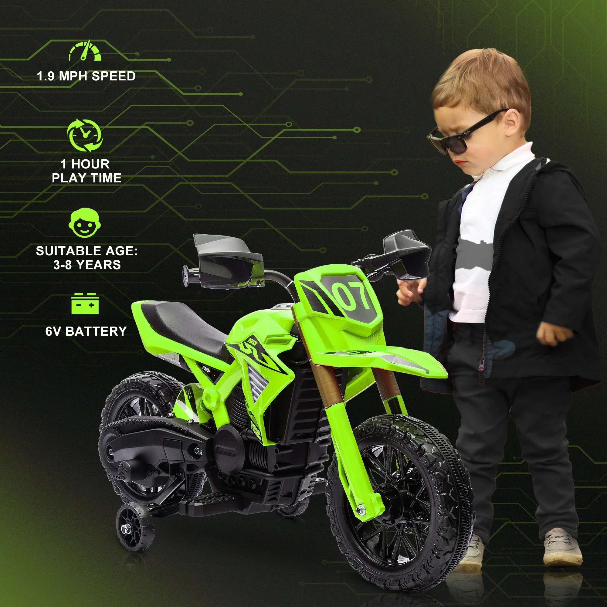 Motocicleta para niños, moto de cross con batería de 6 V con ruedas de entrenamiento, bocina y sonido de arranque, moto eléctrica para niños de 3 a 8 años