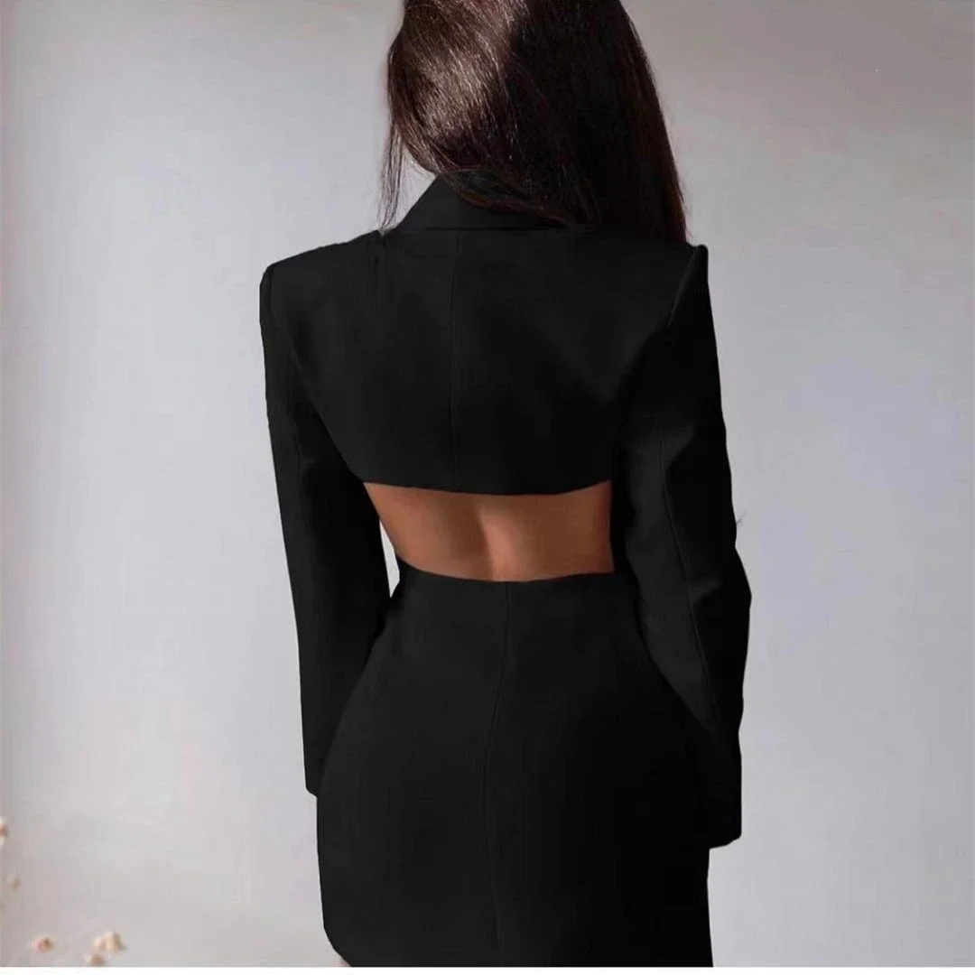 Women Elegant Blazer Solid Double Breasted Backless Long Sleeve Thin Slim Blazers Office Lady Fashion Suits Dress