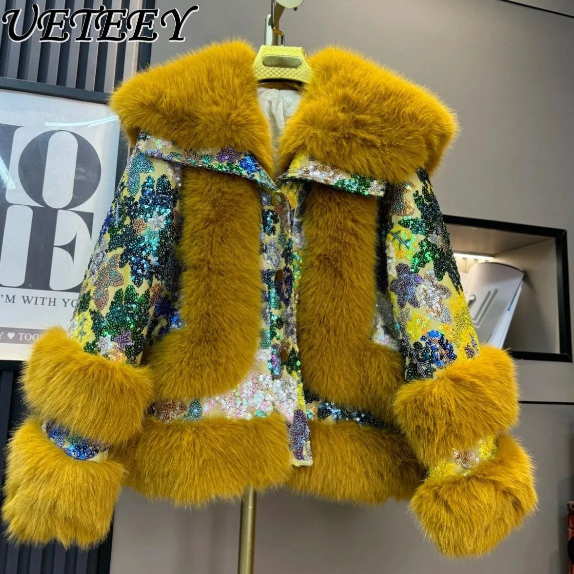 

Autumn Winter New Fashion Heavy Craft Fur Sequin Thickened Coat Stylish High-end Faux Fur Niche Short Jacket for Women