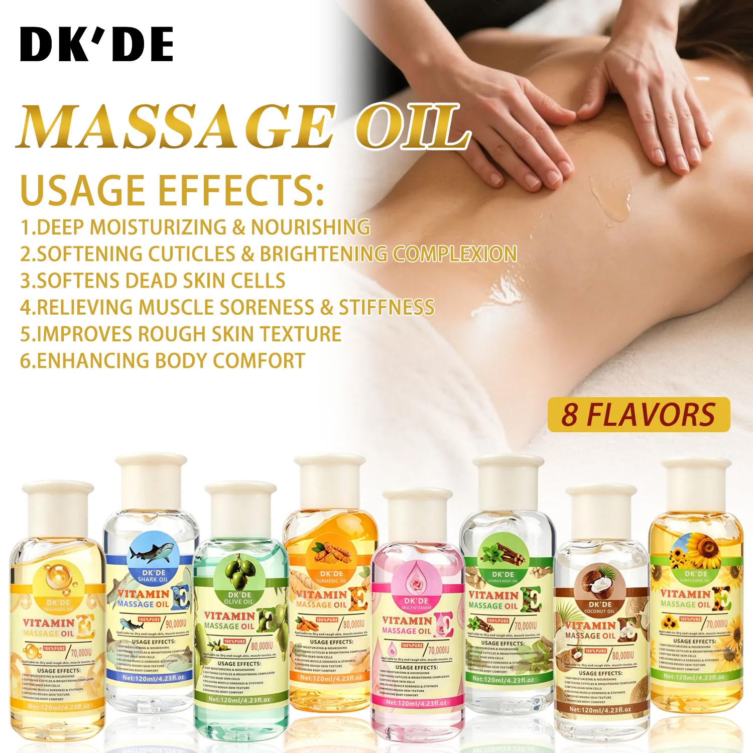 DKDE VE Massage Oil Moisturize Nourish Brighten Non-Greasy Fast Absorb Pre-Sleep Post-Shower Daily Care Body Hair Face 8 Flavors