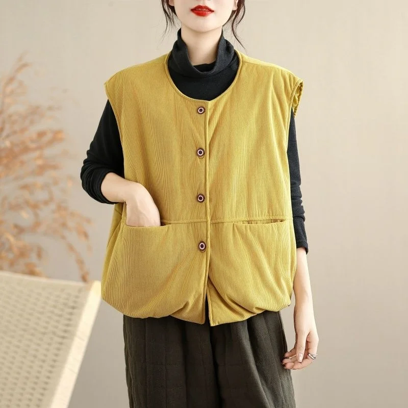 Chaleco de pana amarillo Retro japonés, Chaqueta de algodón para mujer, chaleco holgado sin mangas para primavera y otoño, Top corto w1472
