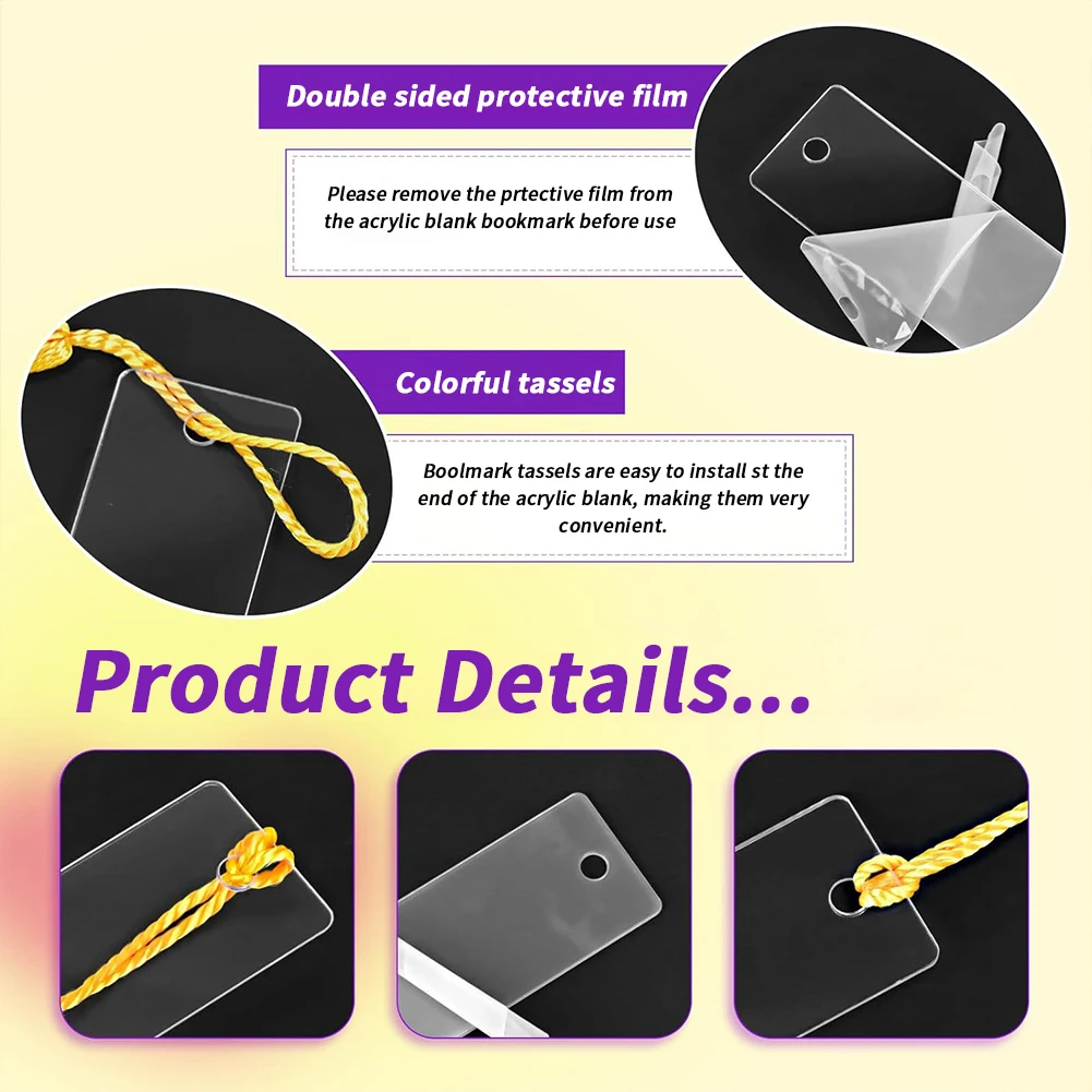 100pcs Transparent Acrylic Book Markers With 100pcs Colorful Tassels Bookmark Personalized Tassels Blank Bookmarks DIY