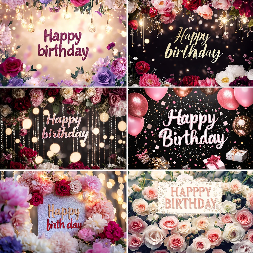 

Happy Birthday Backdrop for Photography Gold Frame Flower Baby Shower Adult Birthday Customize Anniversary Photo Background