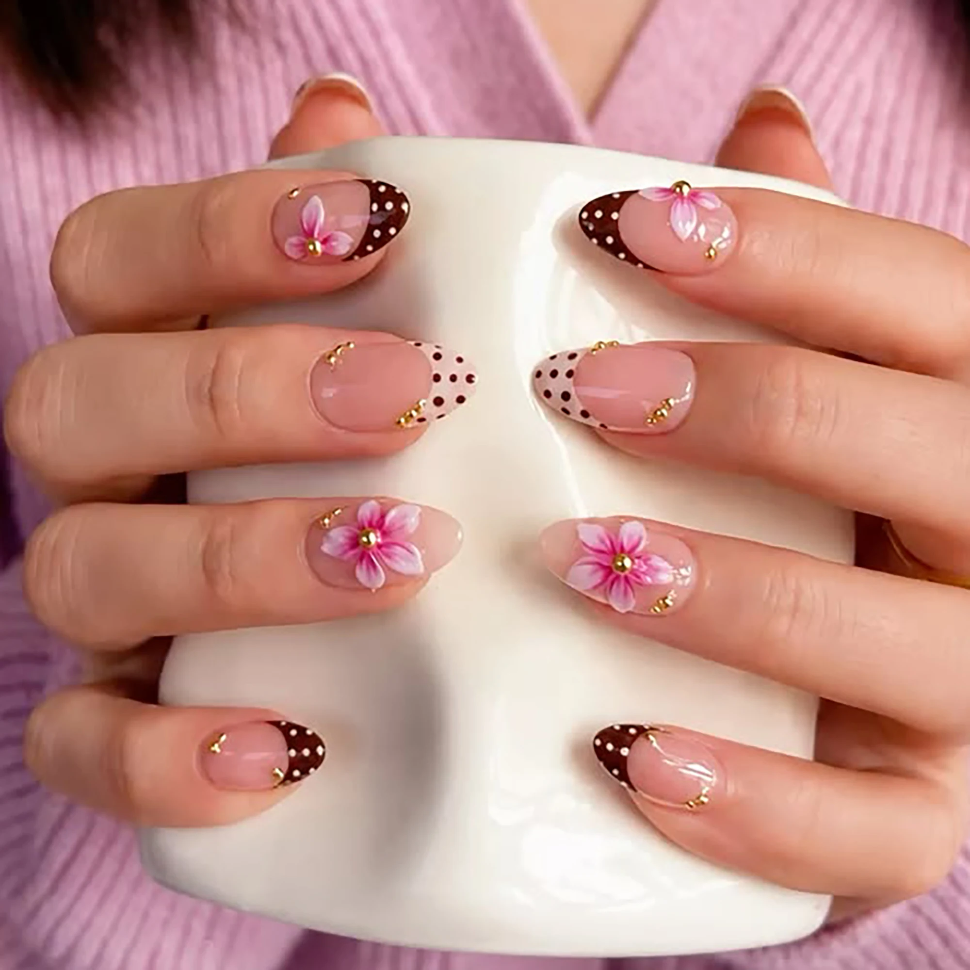 Transform Your Nails | 24Pcs Luxe Elegant Nude Pink Polka Dot French Press On Nails, Almond Shape with Pink Floral & Gold Beads