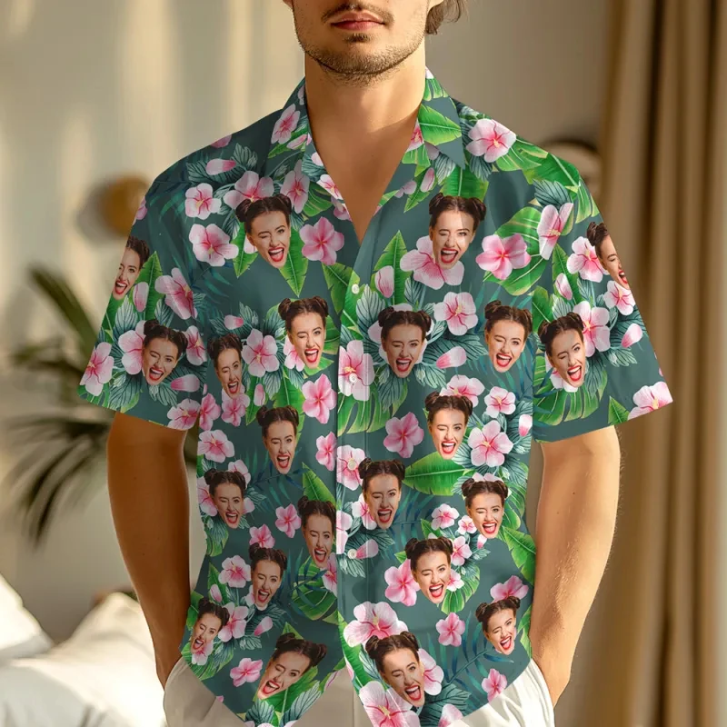 

Customized Face Hawaiian Shirt Personalized Photo Aloha Shirt Tropical Island Palm Tree Print Short Sleeve Funny Hawaii Shirts