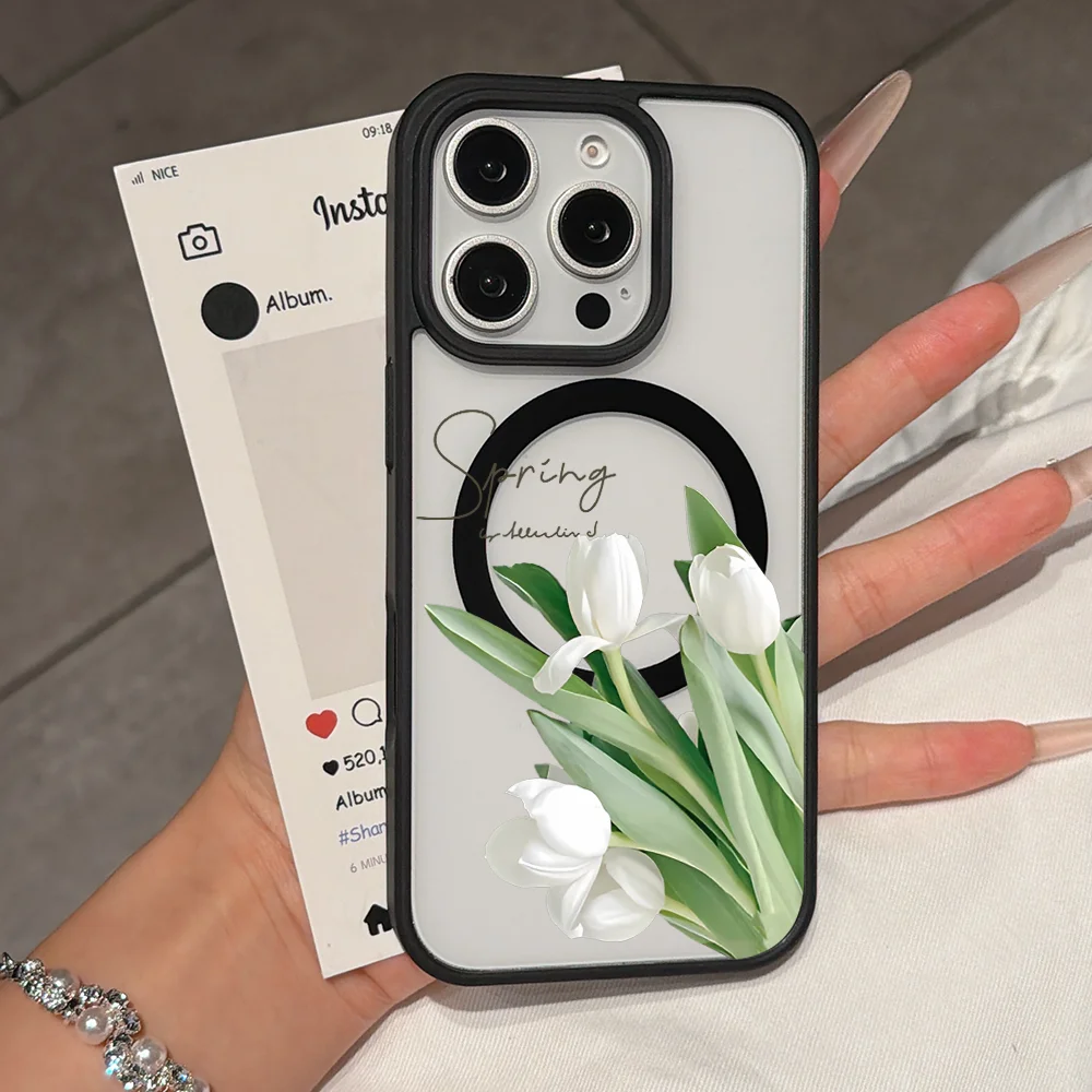 Weiße Tulpen Frühling Magnetische Stoßfeste Handyhülle für iPhone 18 17 16 15 14 13 12 11 Pro Max Anti-Sturz-Schutzhülle