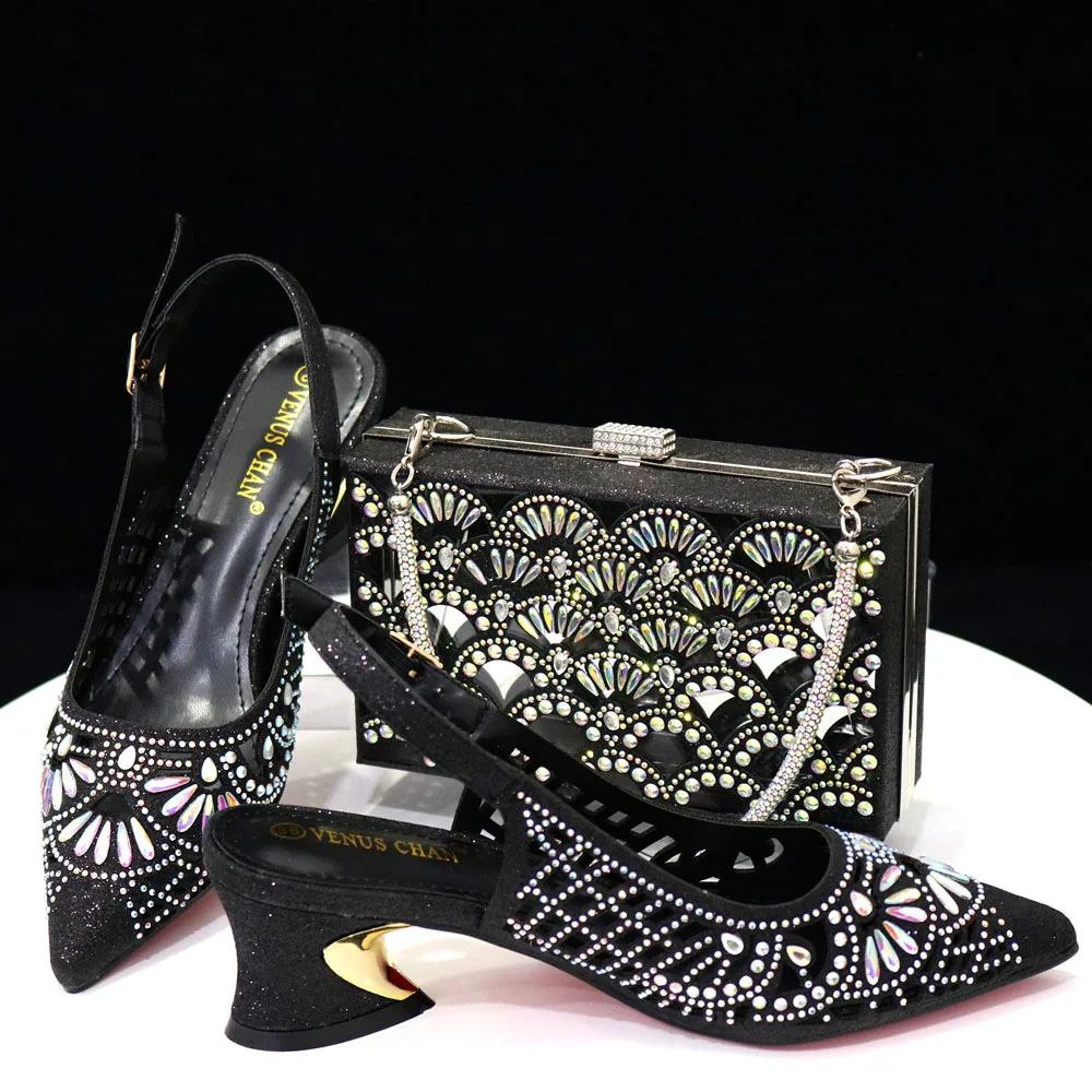 

New Black Color Shoes and Bag To Match Italian design Women Shoe and Bag for Parties African Shoes and Bags Matching Set