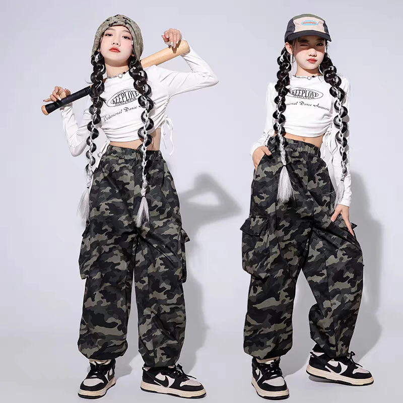 

New Hip Hop Girls Crop Top Camouflage Pants Clothes Sets Children Street Dance Outfits Kids Streetwear Teenagers Jazz Costumes
