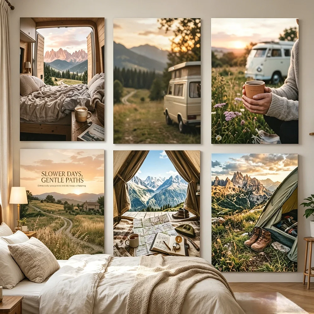 Wandering Addict Tent Door Mountain View Alpine Camping Adventure Poster Mont Blanc Tent Landscape Canvas Painting Home Decor