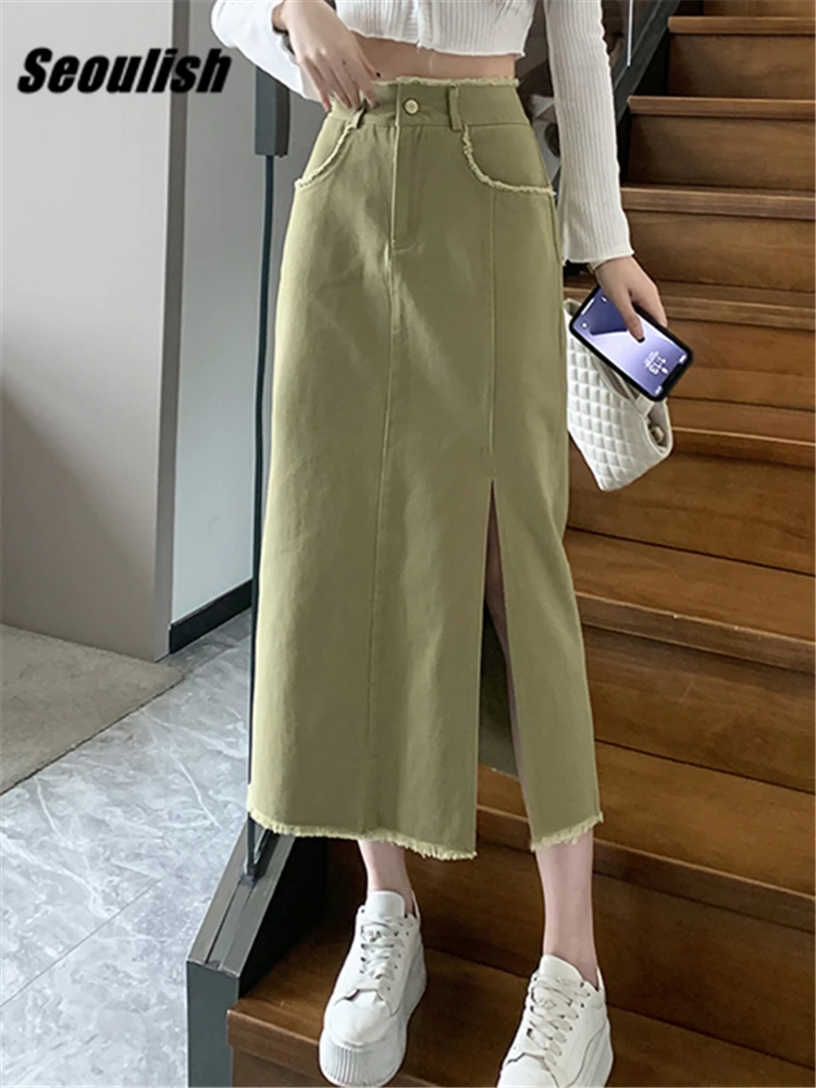 

Seoulish High Waist Front Split Women's Denim Wrap Long Skirts Tassel Spring Summer Vintage Jeans A-Line Skirts Female 2023 New