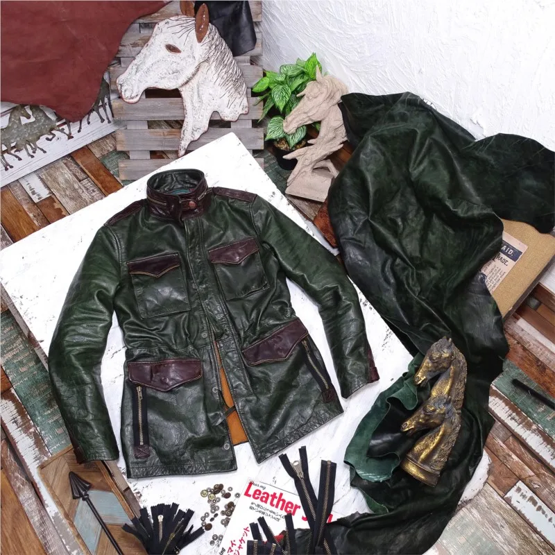 

Vegetable-tanned wax-transformed uncoated small fine leather green with coffee sleeves coat