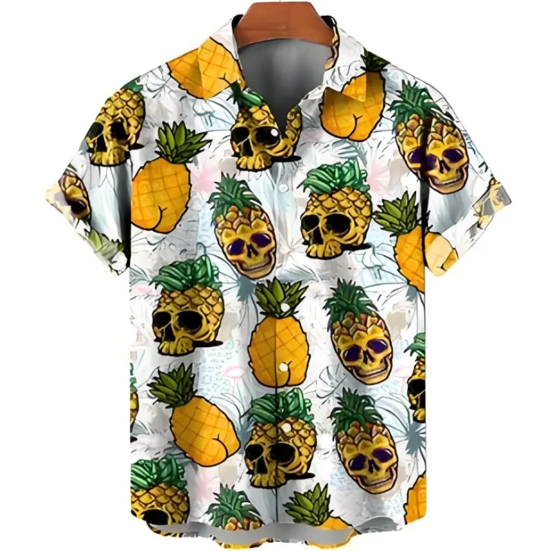 Hawaiian Shirt For Men Loose Lapel Button-Down Shirts 3d Pineapple Short-Sleeved Printed T-Shirt Oversized Men's Streetwear 2024