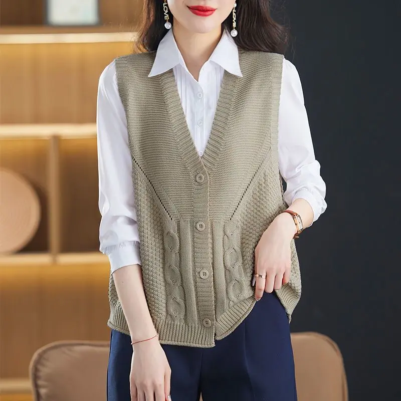 Spring Autumn Women Clothing Sweater Vest Coat V-Neck Solid Korean Fashion Vintage Casual Loose Sleeveless Cardigan Knitted Tops