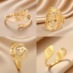 LIKGREAT Lotus OM Chakra Symbol Adjustable Rings Woman Amulet Stainless Steel Religion AUM Buddhism Jewelry Hindu Gift Wholesale