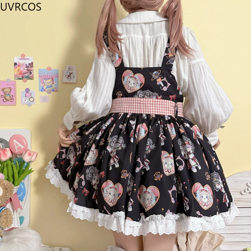 Japanese Kawaii Lolita Style Bow Princess Dress Women Cute Cat Print Lace Ruffle Party Mini Dresses Girly Gothic Y2k Strap Dress