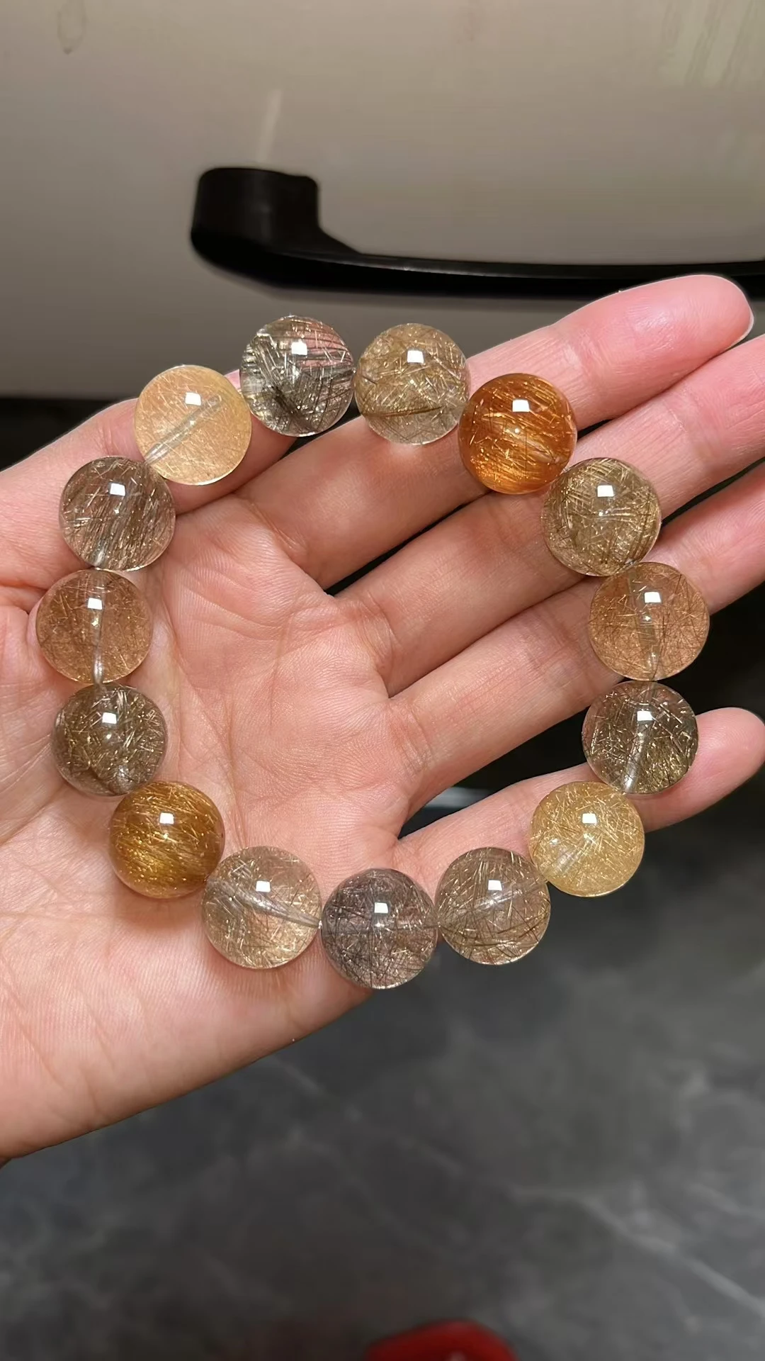 Natural Colorful Rutilated Quartz Bracelet Cat Eye Clear Round Beads 14.6mm Women Men Wealthy Colorful Rutilated AAAAA