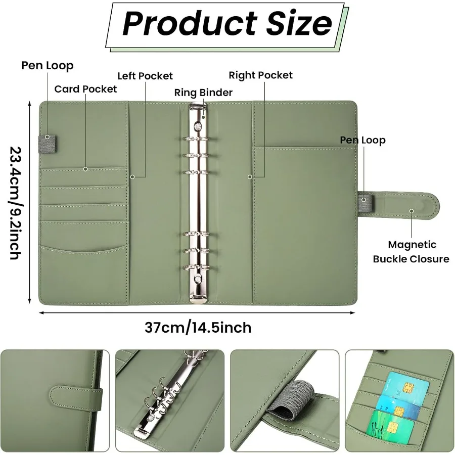 A5 PU Leather Ring Binder Refillable 6 Ring Cover for A5 Filler Paper Budget Binder Notebook Binder Pockets for Travel Work Inn