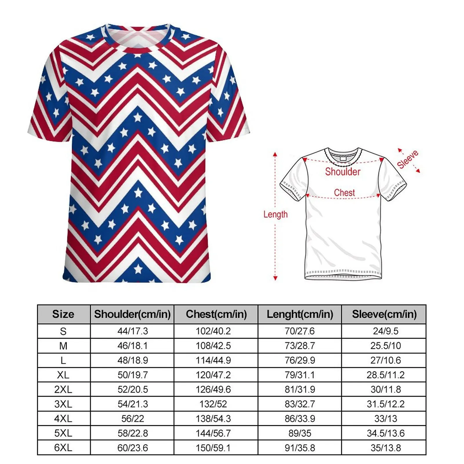Summer T Shirt USA Flag T-Shirts Red White and Blue Zigzag Casual Harajuku Tees For Men Short Sleeve Pattern Plus Size Tops